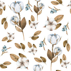 Hand painted watercolor seamless pattern of winter flowers of cotton, berries, leaves and branches. Illustration isolated on white