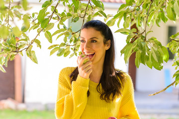 A beautiful woman harvesting Apples from a tree in Autumn