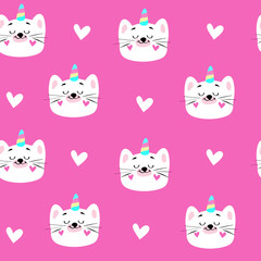 Cute illustration of a white unicorn cat head on a pink background seamless pattern for children