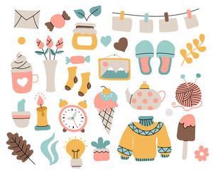 vector set of cozy hygge home hand drawn elements in  flat and cartoon style with black lines.isolated on white background.illustration for design,  web,graphic. cute home collection. 