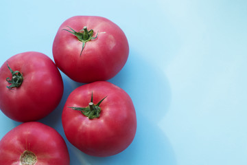 four large red tomatoes on a blue background, with a place for text, inscriptions. Vitamins, healthy vegetables, diet, vegetables from the garden, rich harvest. Tomatoes on a light background.