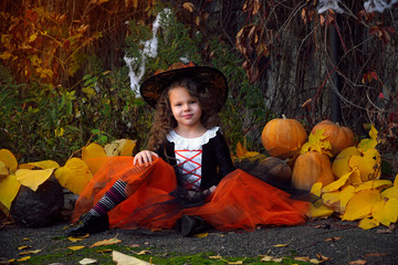 a girl in an orange skirt and a black hat on Halloween near pumpkins with a broom on a background of yellow leaves                 