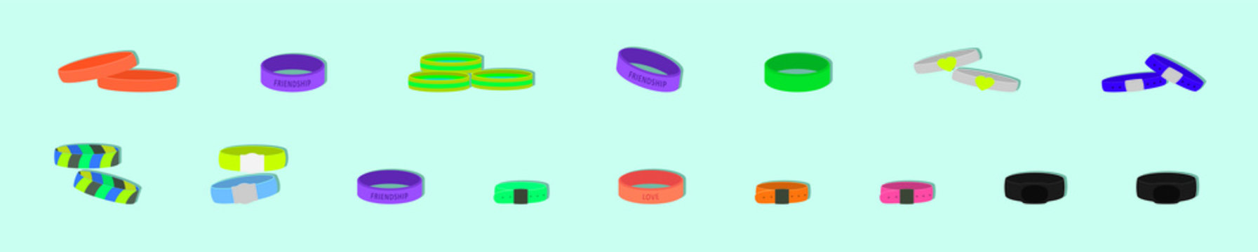 Set of multicolored rubber wristband with various model on blue background. Vector illustration.