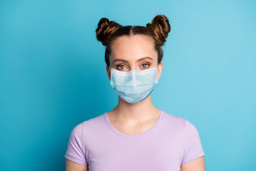 Close-up portrait of nice healthy girl wearing gauze mask stop viral influenza healthcare concept medicine help aid assistance travel insurance isolated bright vivid vibrant blue color background