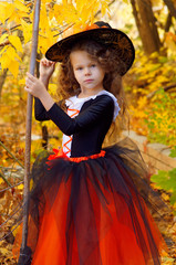 a girl dressed as a little witch on Halloween in a Park with a broom near yellow leaves    