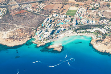 View from the plane to Ayia Napa - the best resort area of Cyprus, Nissi beach, the hotels, gulfs, parks.