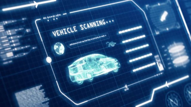 HUD Driving Vehicle Car Specification Scanning User Interface Computer Screen Display With Pixels Background. Blue Abstract Hologram Holographic Technology Concept. Sci-fi. 4K Motion Graphic Footage