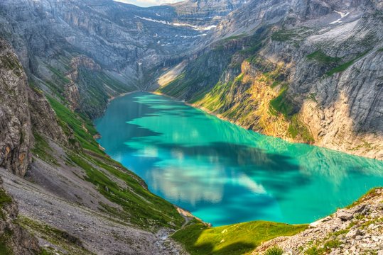 Limmerensee lake in the glarus alps in Switzerland