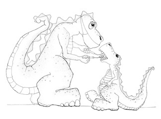 Dinosaur at dentist, black and white illustration, coloring for kids