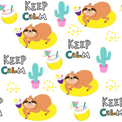 Baby illustration with summer sloth on an inflatable yellow circle, cactus and lettering keep calm seamless pattern on a white background