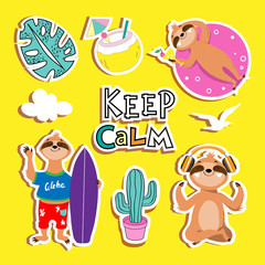 Collection of fashionable stripes with summer sloths on a yellow background