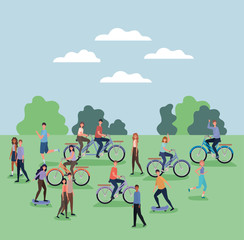 women and men cartoons riding bikes and skateboards at park design, Nature outdoor and season theme Vector illustration