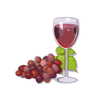 Red grape with a glass af wine isolated on white background.