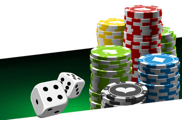 illustration Online Poker casino banner with a chips and dice. Marketing Luxury Banner Jackpot Online Casino with flat paper cloud for text. Empty advertising poster.