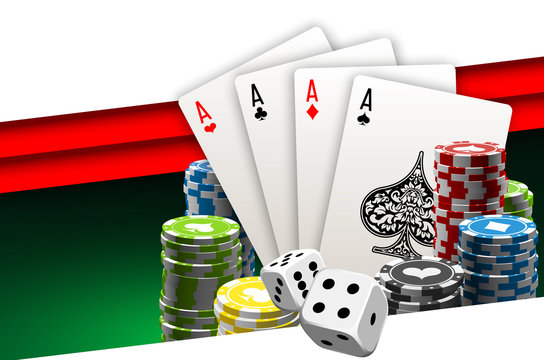 illustration Online Poker casino banner with a chips, playing cards and dice. Marketing Luxury Banner Jackpot Online Casino with flat paper cloud for text. Empty advertising poster.