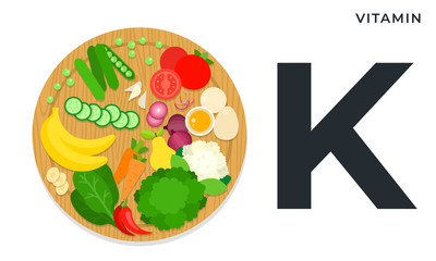 Vitamin K food sources flat vector illustration. Diet healthy food and wellbeing concept.