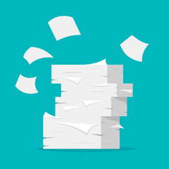 Paper sheets pile. Paperwork and office routine. Heap of white papers on blue background in a flat trendy style.