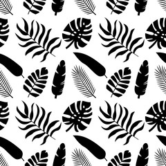 Fototapeta na wymiar Seamless pattern tropical silhouettes of palm leaves. Monstera, coconut, banana, mango, chamaedorea. Vector illustration on white background