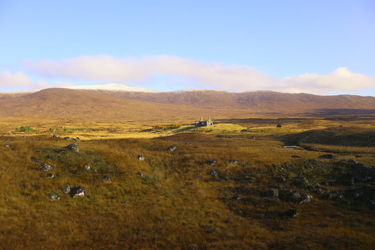 The Scottish Highlands with a ruin looking very bleak.