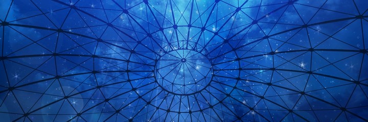 Bottom view of an iron structure with starry sky at night. Panoramic image