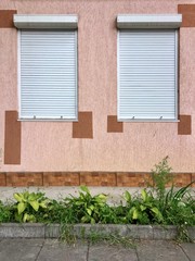 two windows closed with white shutters, pale pink stone wall, sidewalk with green flowerbed