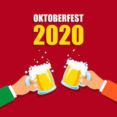 Oktoberfest 2020 banner. Cheers mugs of beer. Autumn holidays. Vector Illustration isolated on red background. Design for web page, invitations, flyers.