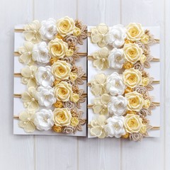 Bouquet of yellow roses, ten pieces of identical headband hair accessories made out of handmade fabric flowers in beautiful pastel colors as decoration and embellishment