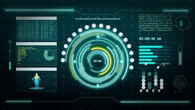HUD digital transformation user interface computer screen display with pixels background. Blue and yellow abstract hologram holographic technology concept. Sci-fi. 4K motion graphic footage video