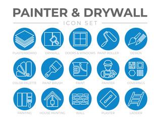 Round Outline Painter and Drywall Icon Set with Plasterboard, Paint Roller, Brush, Painter Color Palette, Painting, Wall, Plaster, Ladder Icons