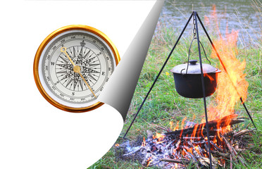 Classic compass on white background and cooking delicious tasty food outdoors on fire in iron pot in summer as symbol of tourism with compass, travel with compass and outdoor activities with compass