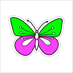 Hand-drawn colored vector illustration of one butterfly is flying on a white background