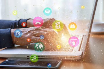 Lifestyle and technology concept  Close up man hands with laptop and social media web chart...