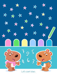Let's count the stars - Adorable counting game suitable for preschool and school children - Winter scene with two little bears

