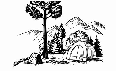 tent camping in forest near mountains
