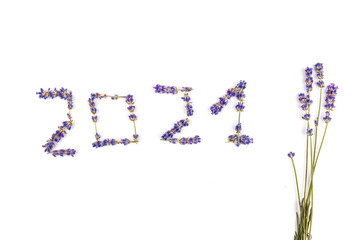 Fresh Lavender flowers as  Numbers 2021  isolated on white background. Space for text