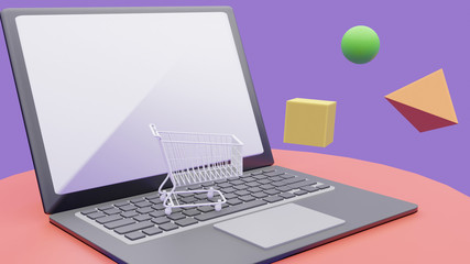 3D rendering of online shopping concept. Shopping cart on laptop.