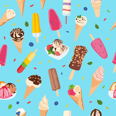Seamless pattern. Various ice creams. Painted treat. Hand drawn vector graphics