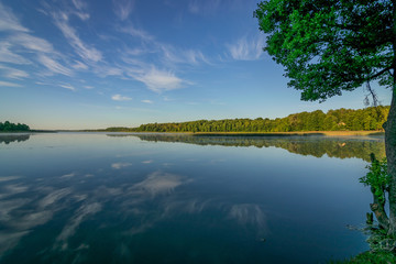 cloud reflections in clear and calm lake water, forest in the background, summer morning