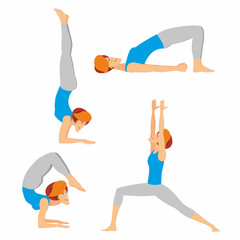 Yoga poses set. Cute woman is doing exercises. Vector cartoon illustration