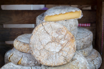 French Comte cheese wheel crusts aging for months