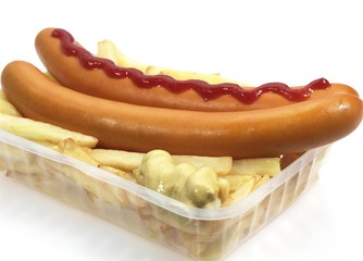 Strasburg Sausage with French Fries, Mustard and Ketchup