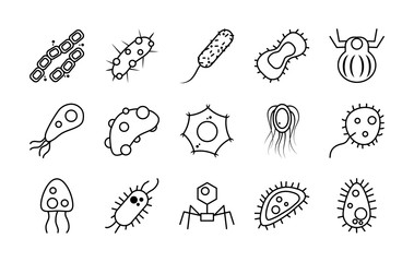 icon set of bacterias shapes and bacteriophage, line style