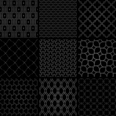 Set of vector seamless geometric dark patterns for your designs and backgrounds. Geometric abstract ornament. Modern black ornaments with repeating elements