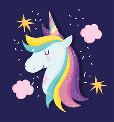unicorn with rainbow horn hair stars fantasy cartoon black background