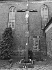 Mission Cross. Catholic church. Artistic look in black and white.