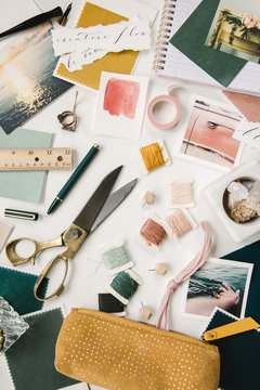 Desktop surface of inspiring objects and tools for creating