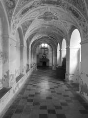 Interior Catholic Roman Sanctuary. Artistic look in black and white.
