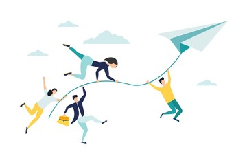 Vector illustration, achievement concept, a company of people holding on to a thread from a paper plane, move towards the goal