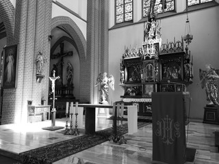 Interior Catholic church. Artistic look in black and white.