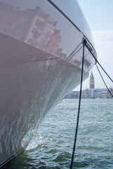 
Venetian landscape reflected on the bow of a yacht